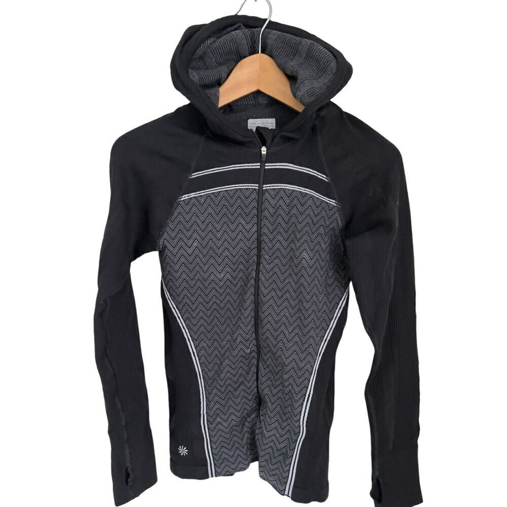 Athleta Black Full-Zip Hoodie Jacket With Chevron Pattern & Thumbholes Size S